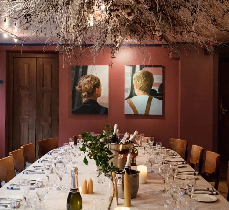 0001 – 2014 – Quod Restaurant & Bar – Oxford – High Res – Red Room Private Dining Winter Decoration Art – Colour Edited – Web Feature